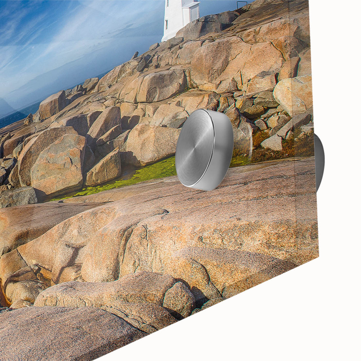 Acrylic print of a large abstract depiction of Nova Scotia scenery in mid-century modernist style.