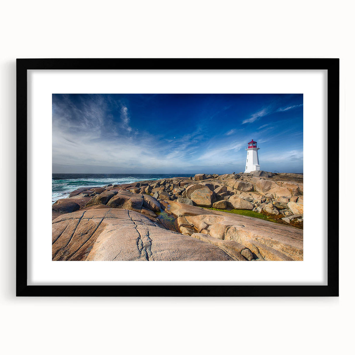 Abstract art print of a Nova Scotia scenery in vibrant colors on a framed canvas, ideal for living room decor.