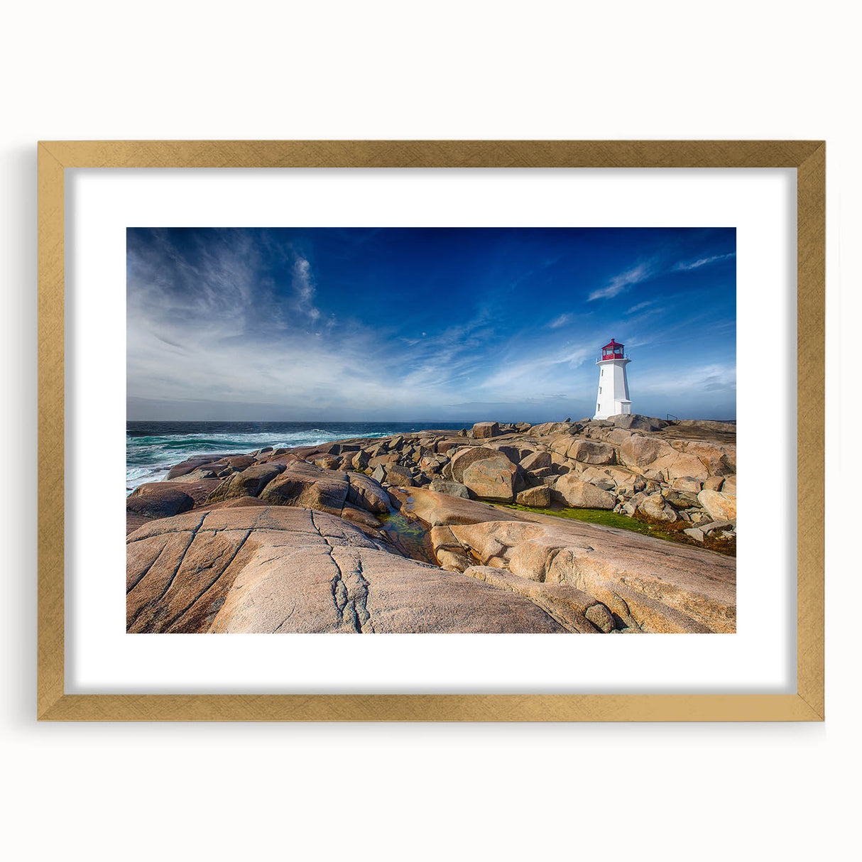 Extra large abstract art print of a textured Nova Scotia scenery in a gold frame, ideal for living room decor.