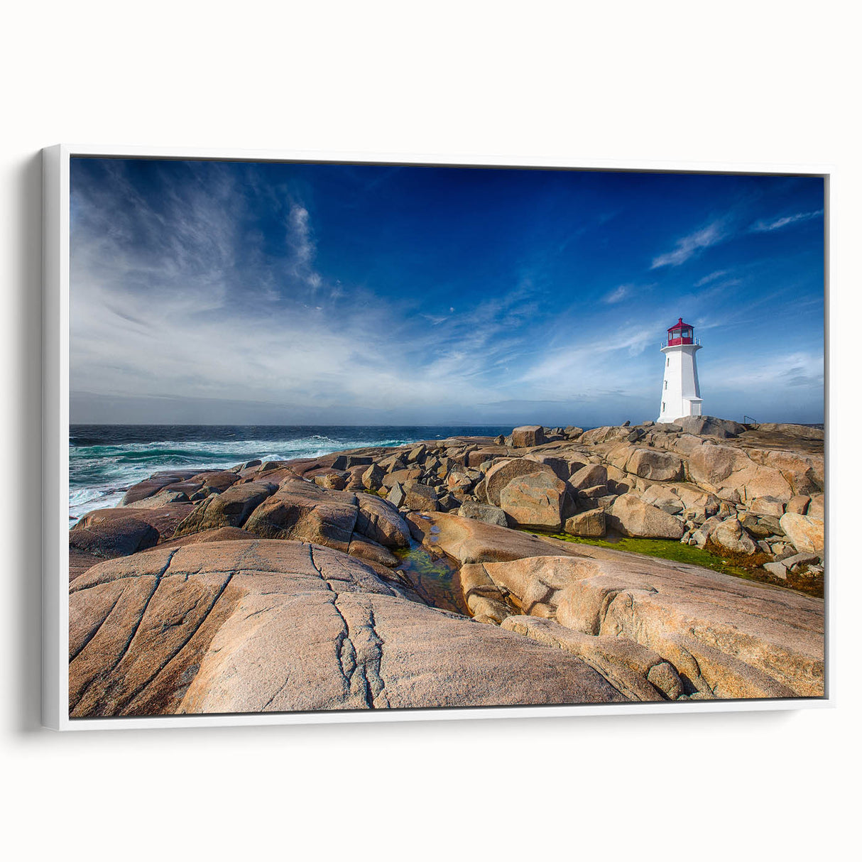 Framed canvas depicting a vintage poster art of Nova Scotia scenery in vibrant colors, ideal for living room decor.