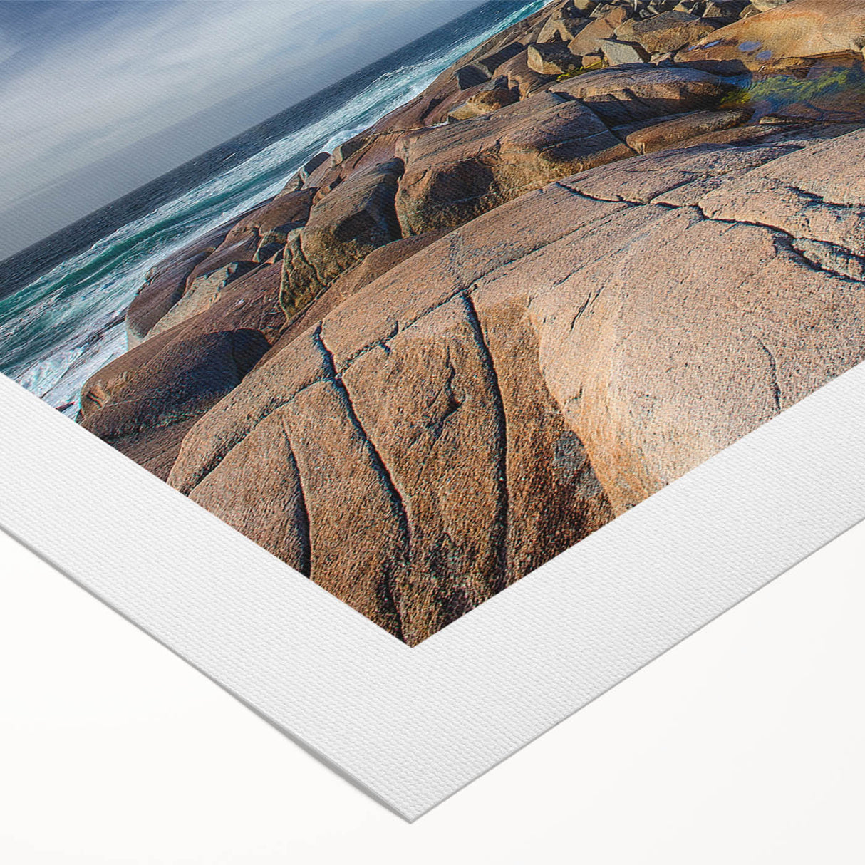 Art deco poster of Nova Scotia scenery in muted blue tones on rolled canvas, ideal for dining room wall art.