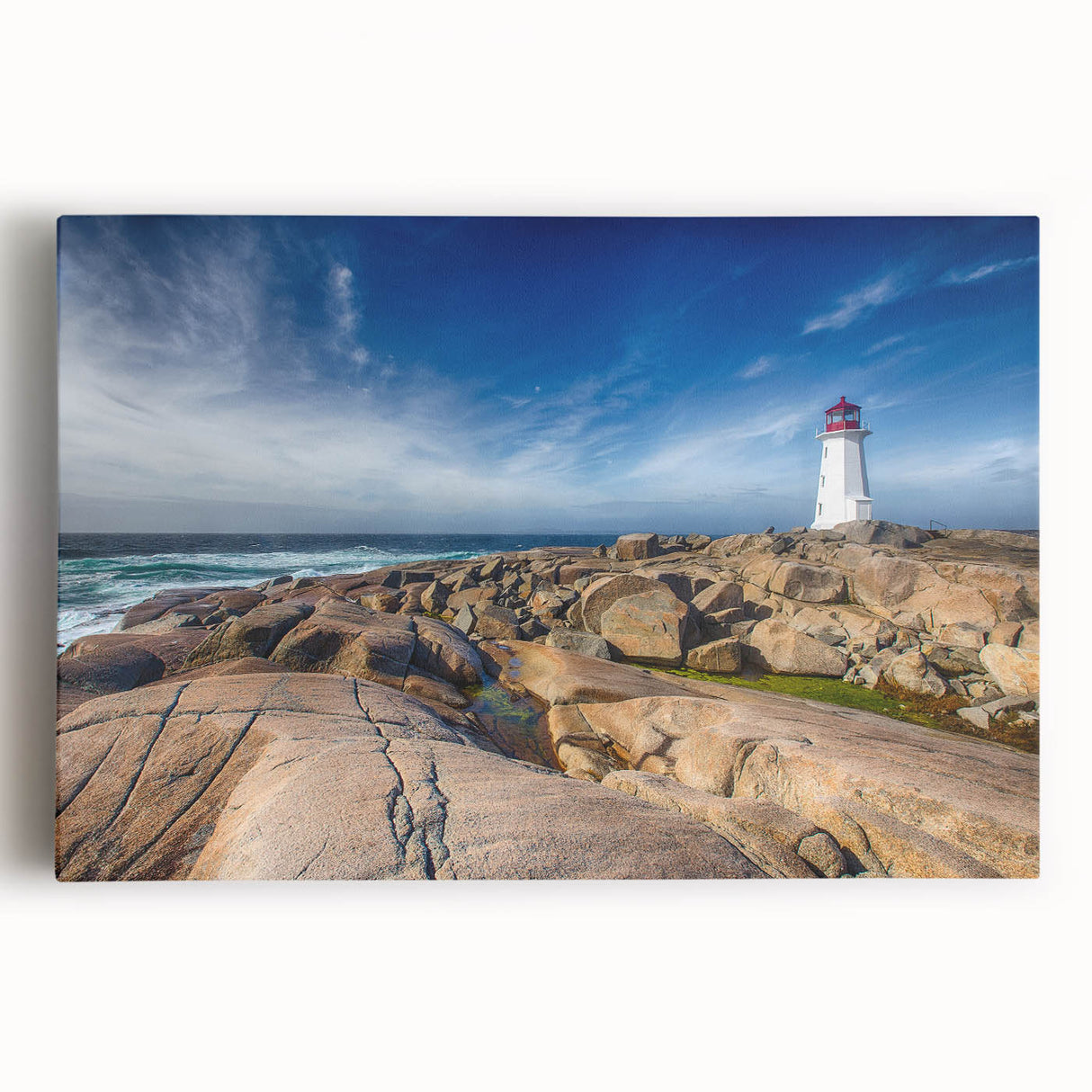 Black and white stretched canvas of Nova Scotia scenery, ideal for kitchen wall art.