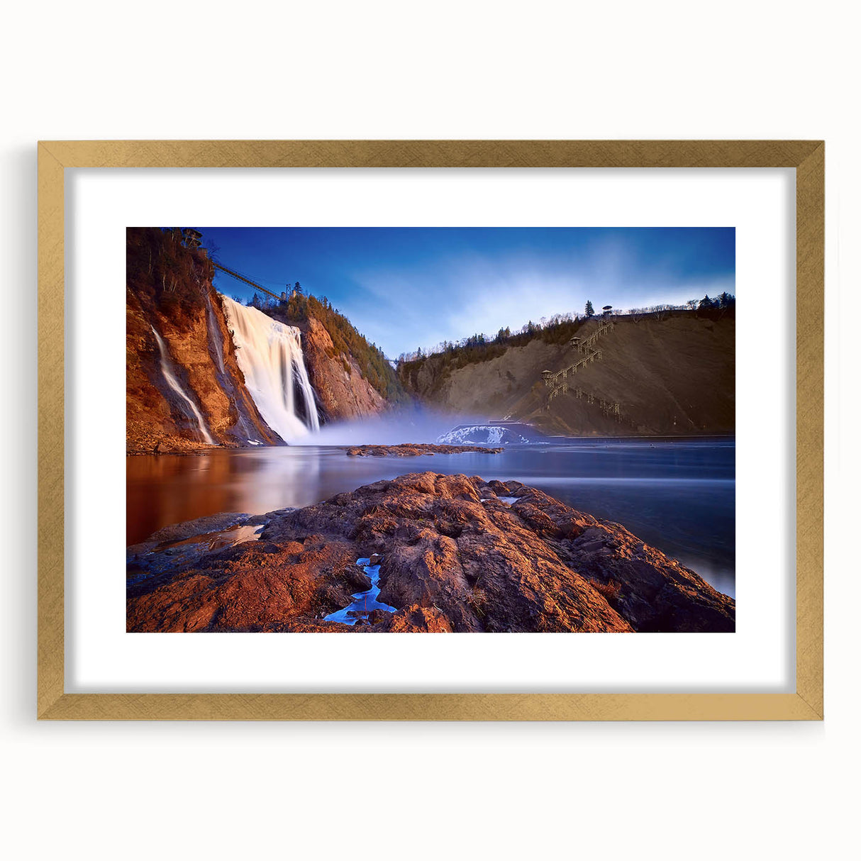 Extra large abstract art print of a textured Canadian landscape in muted earth tones, framed in gold.