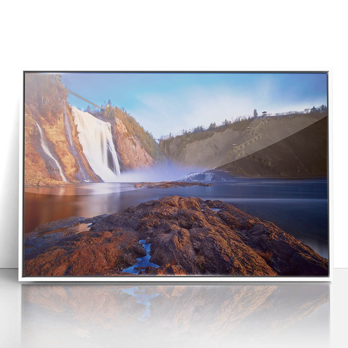 Art deco poster featuring a serene Quebec landscape in muted blues and greens, acrylic print framed in white.