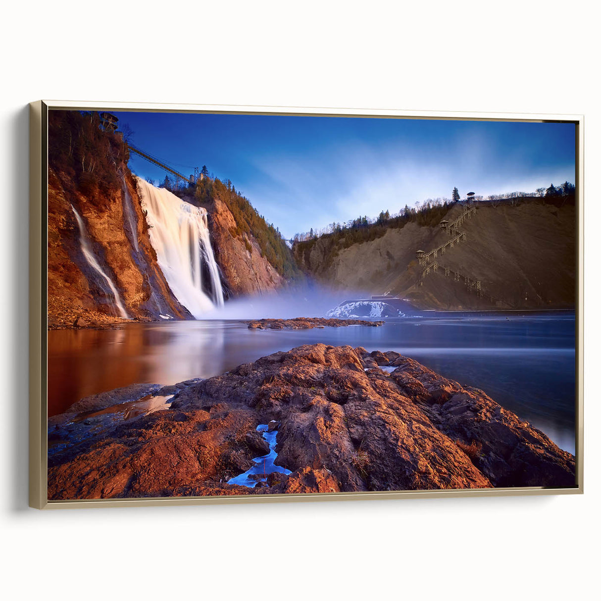 Framed canvas of a vintage-style Quebec landscape, featuring muted earth tones, ideal for bedroom wall art.