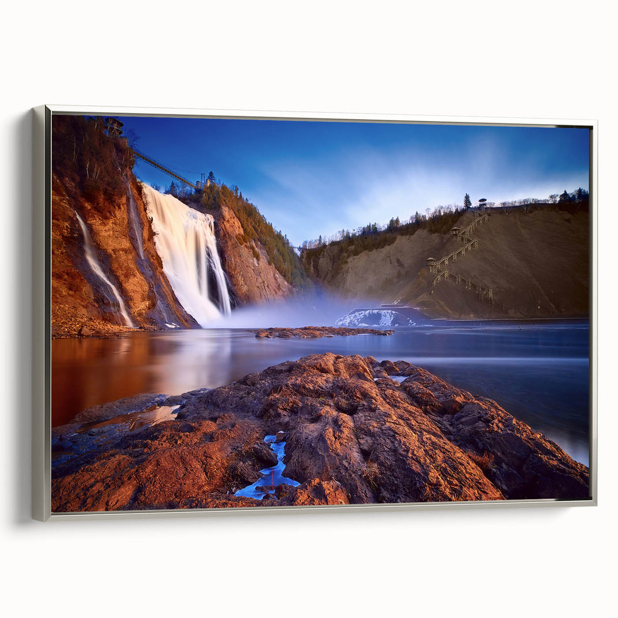 Framed canvas landscape art painting of Quebec with colorful and black vintage poster art elements, ideal for office decor.