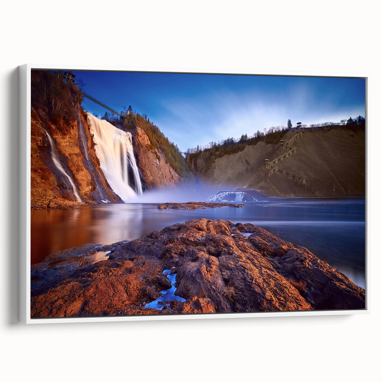 Vintage poster art of Quebec scenery on a framed canvas, featuring colorful art in extra large size.