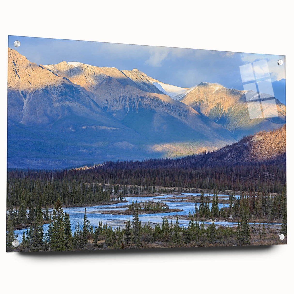 Acrylic print of a large abstract depiction of Saskatchewan scenery in muted earth tones.