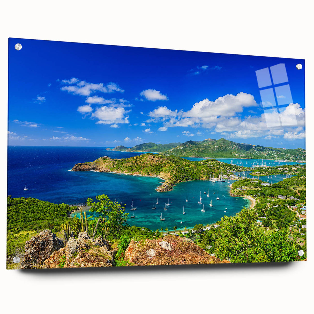 Acrylic print of a Caribbean Antigua scenery in vibrant blue and green tones, suitable for bedroom or dining room decor.