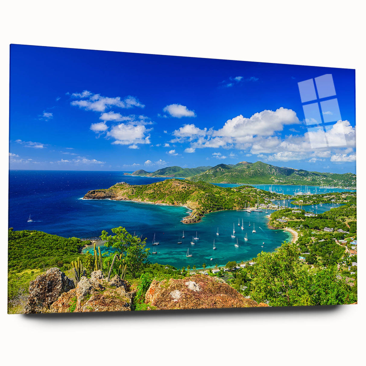 Large abstract wall art of Caribbean scenery in vibrant blue and green hues, acrylic print.