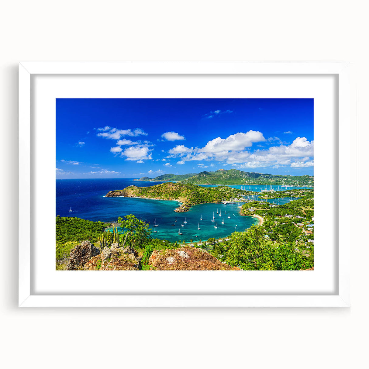 Textured art of a Caribbean beach with muted blue and beige tones on a framed white mat, ideal for bedroom decor.
