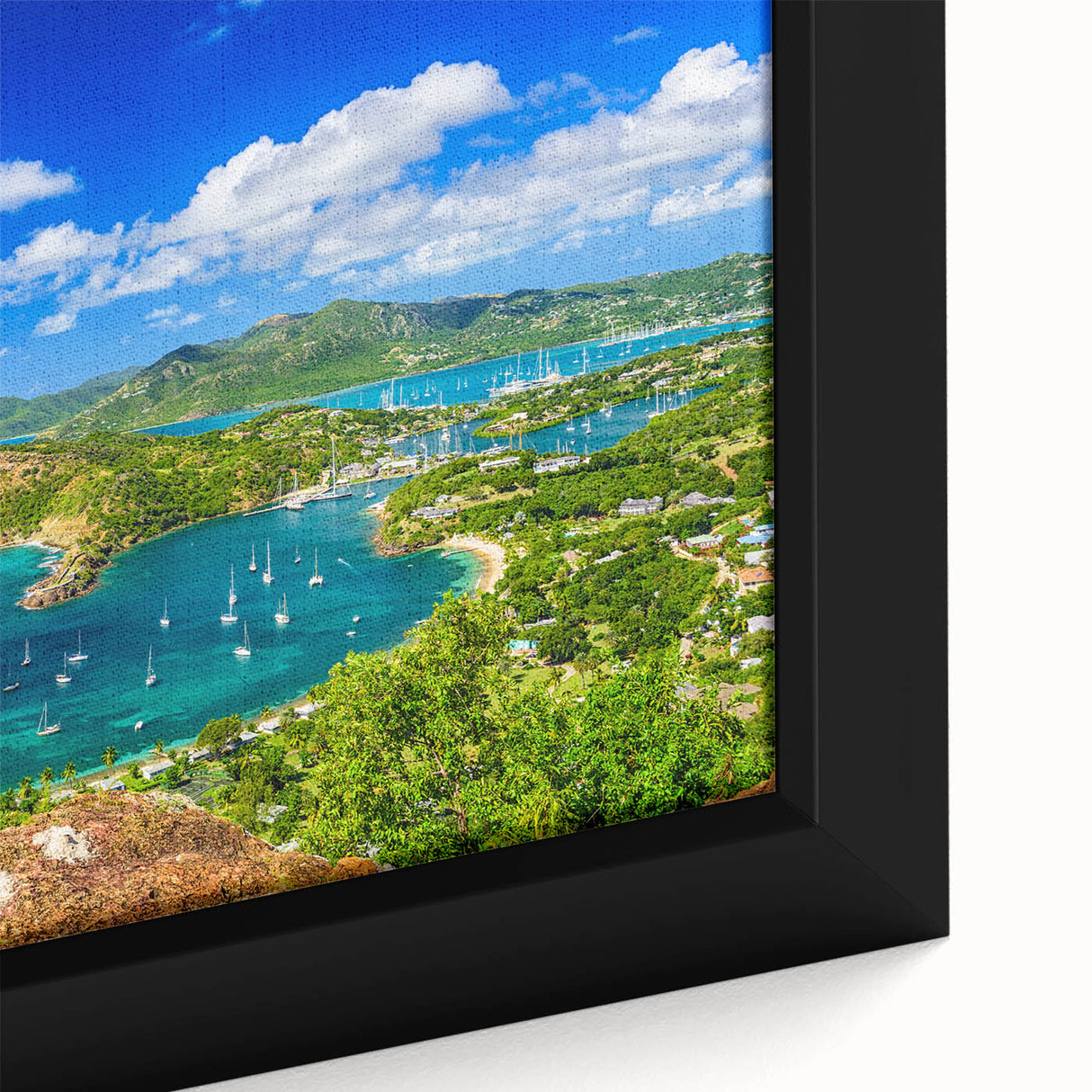 Extra large framed canvas featuring a textured depiction of a Caribbean scenery in vibrant colors.