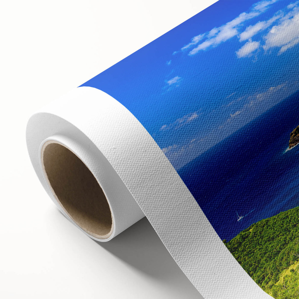 Art Deco poster of a Caribbean scenery on rolled canvas, featuring pastel blue and green tones, ideal for nursery wall art.