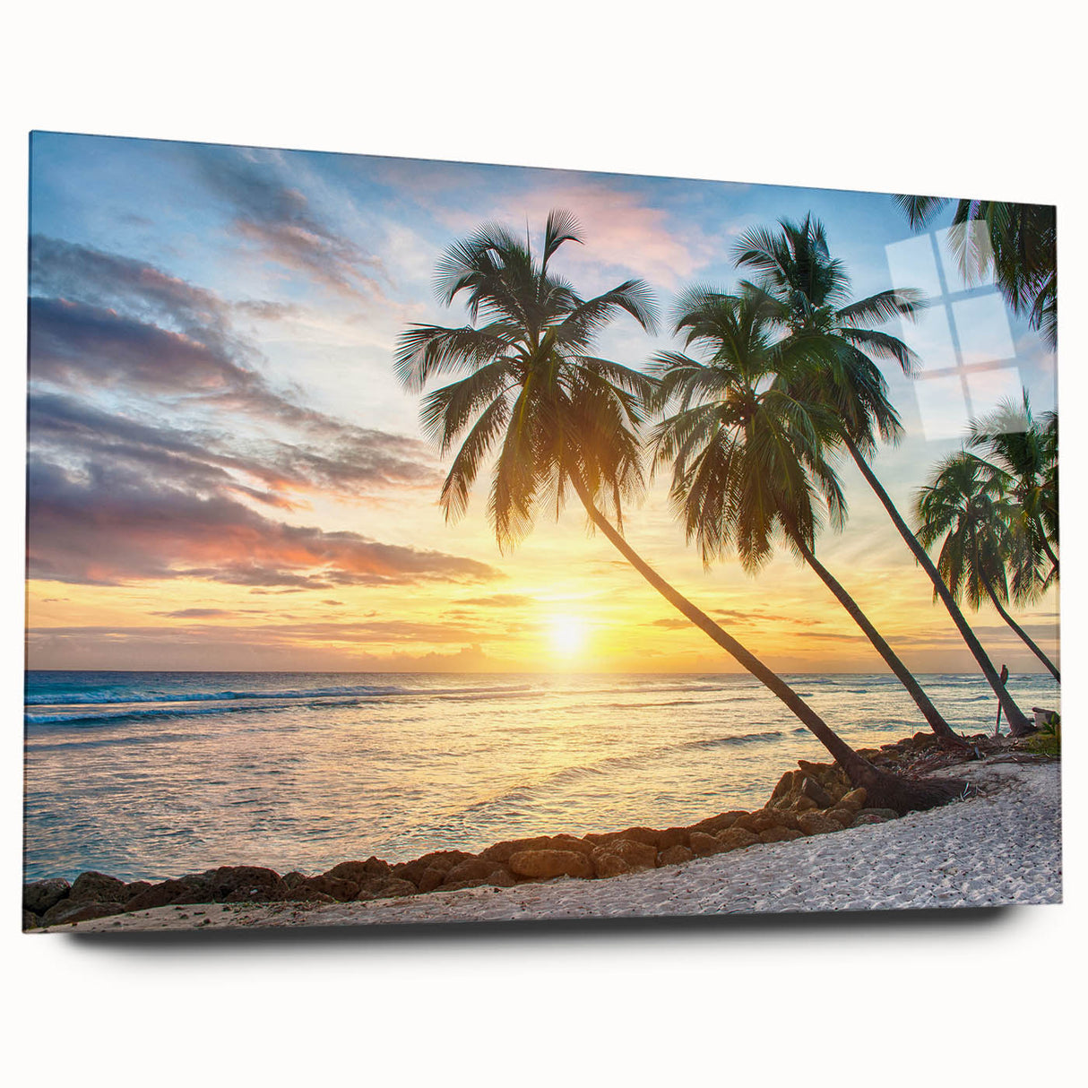 Large abstract wall art on acrylic featuring a vibrant Caribbean seascape, ideal for bedroom or dining room decor.
