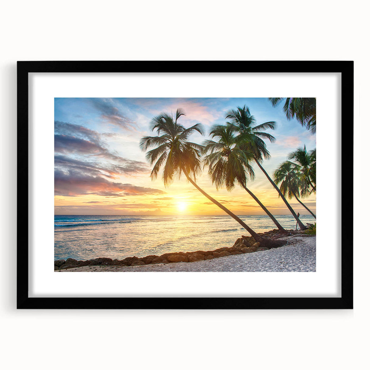 Extra large abstract art print of vibrant Caribbean scenery on textured canvas, framed in black, ideal for living room decor.