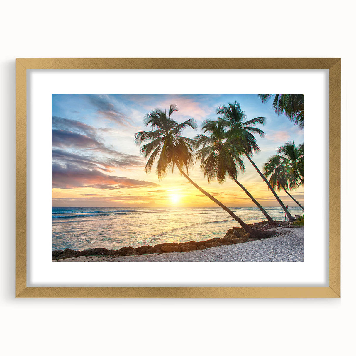 Abstract art print of a Caribbean scene in muted blue and green tones, framed in gold, ideal for dining room decor.