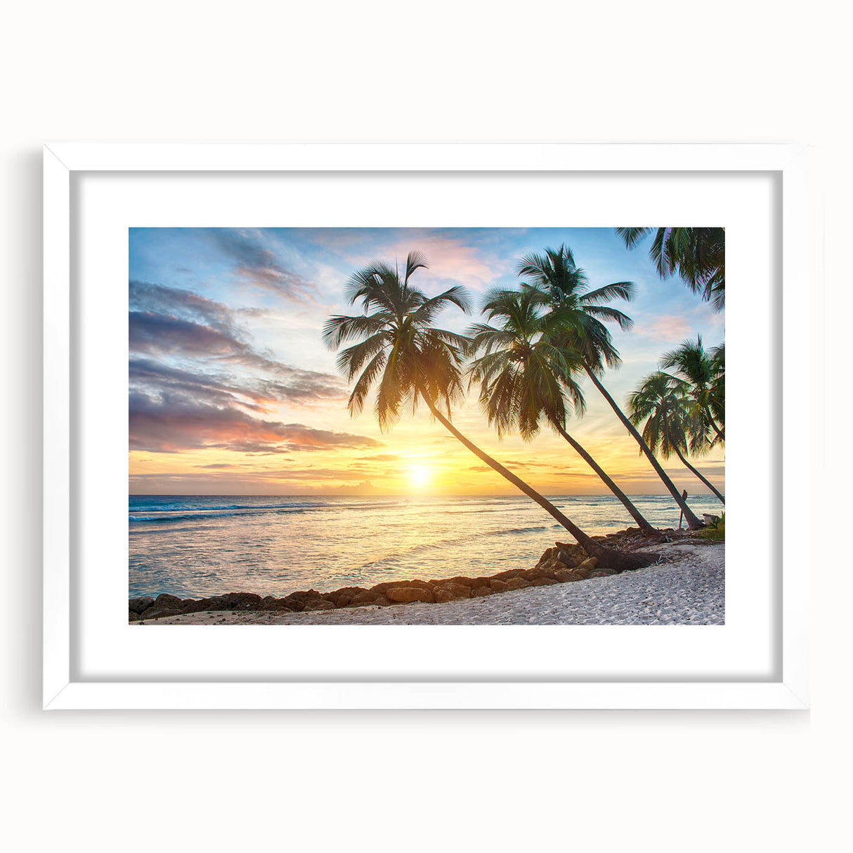 Textured abstract art print depicting a Caribbean scenery in muted blue and green tones, framed with a white mat.