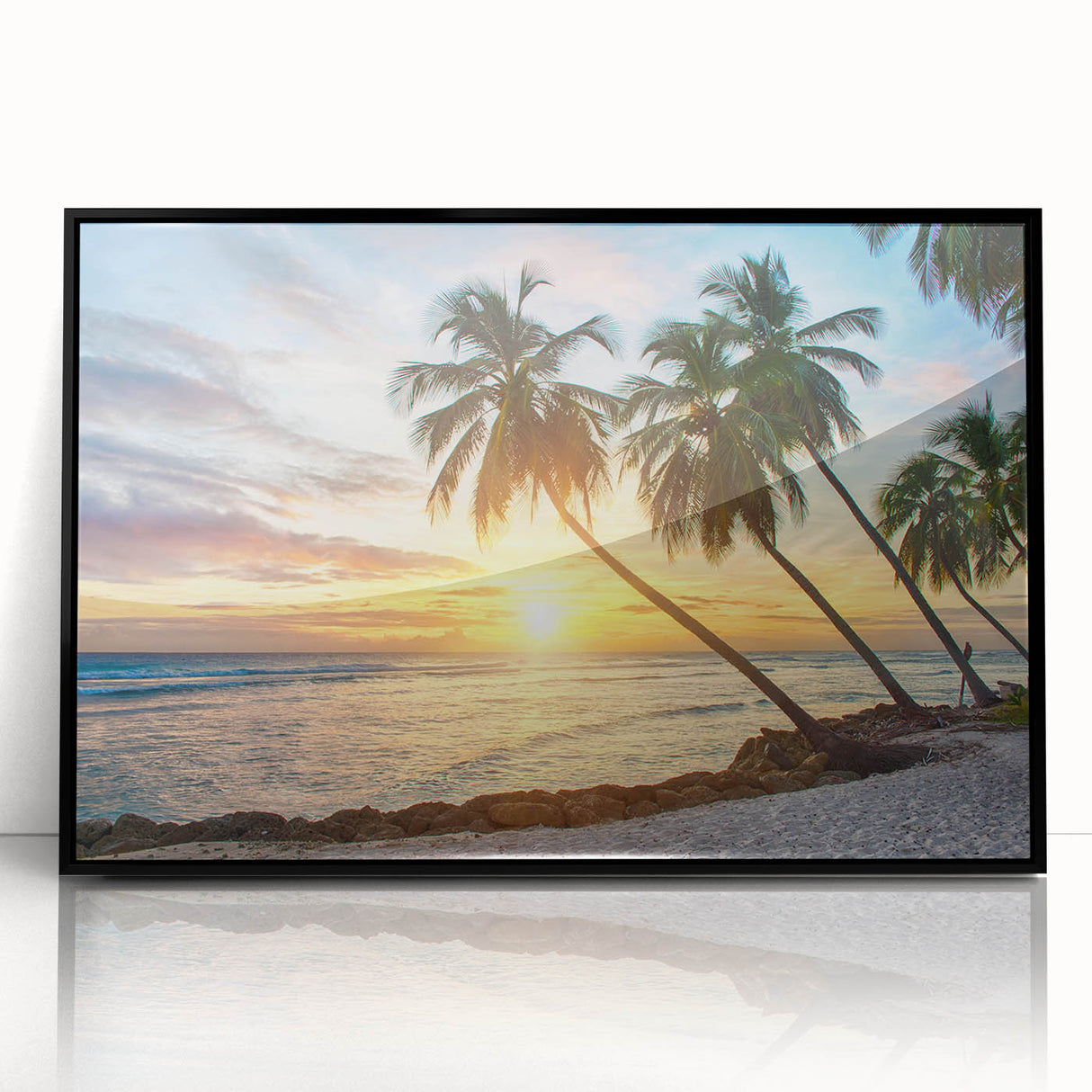 Large abstract wall art depicting a Caribbean seascape in vibrant blue and green on a framed acrylic.