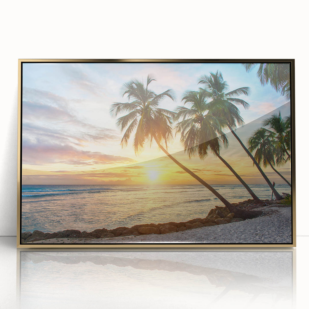 Art deco poster of Caribbean scenery in Barbados with vibrant blue and green hues, framed in gold acrylic.