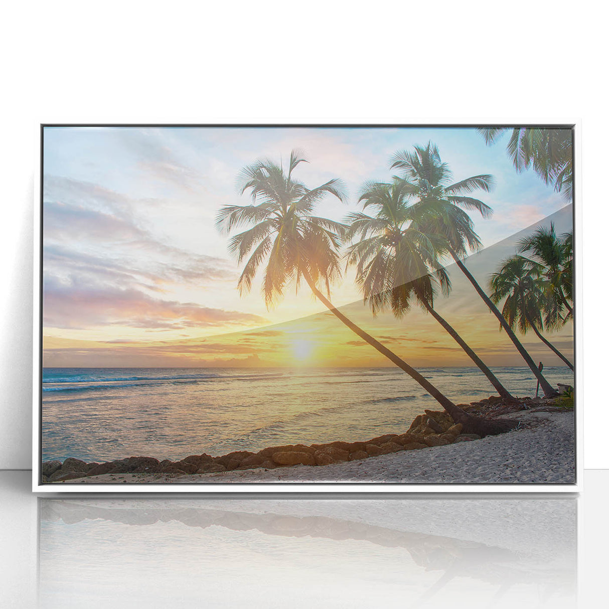 Mid-century modernist art depicting a Caribbean Barbados scenery in vibrant colors on a white framed acrylic print.