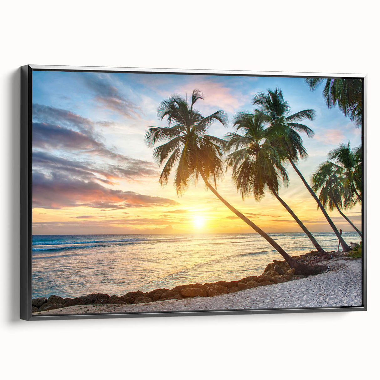 Black and white vintage poster art of a Caribbean landscape on framed canvas, ideal for bedroom decor.