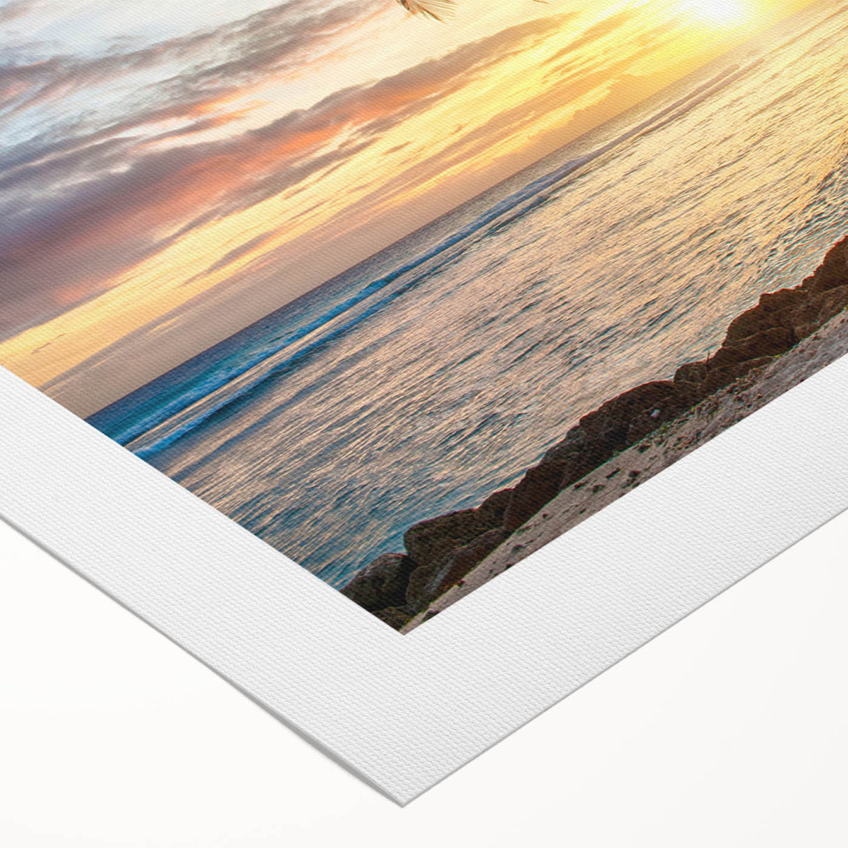 Art deco poster of a Caribbean beach scene on rolled canvas, featuring pastel blue and pink tones.