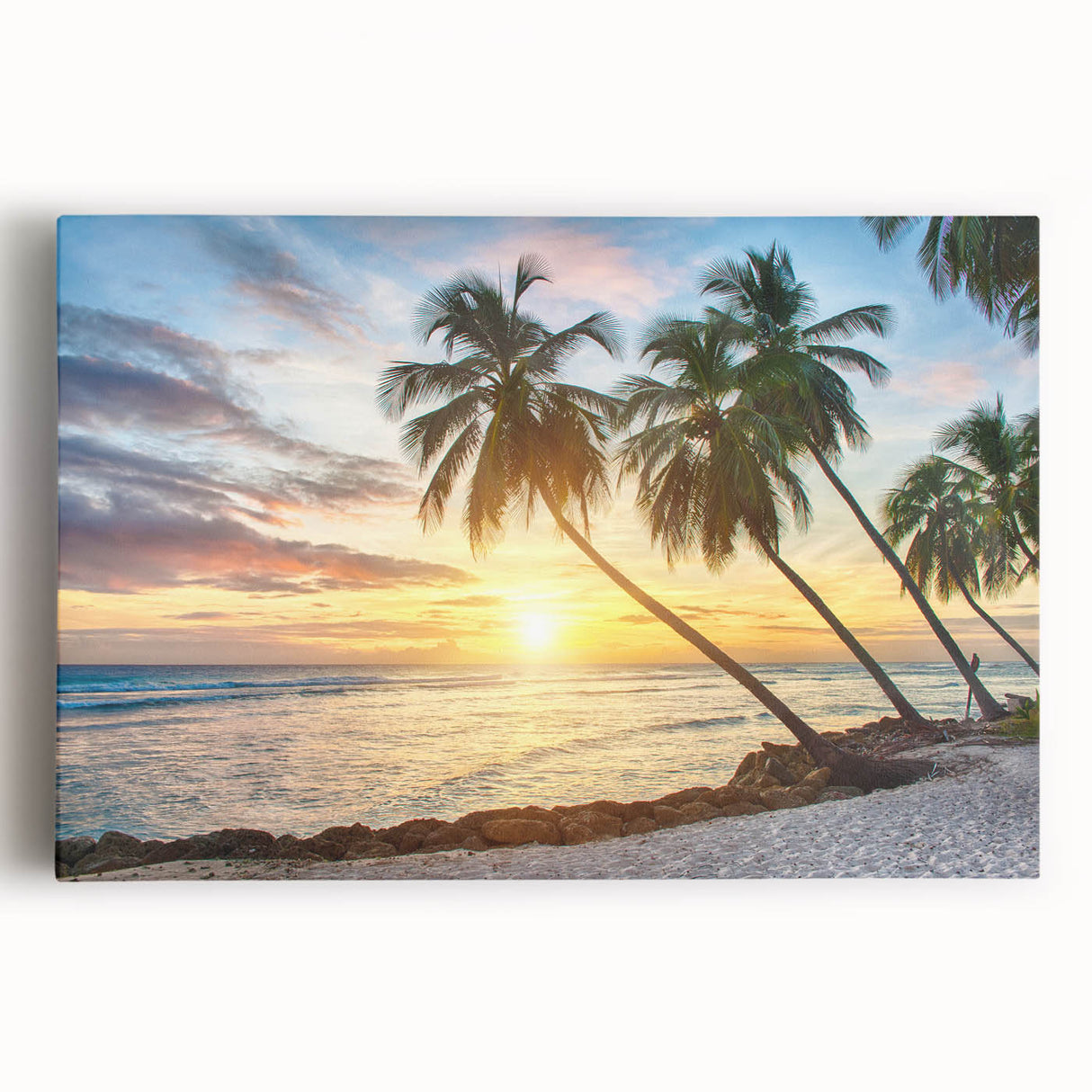 Black and white stretched canvas featuring a serene Caribbean beach scene, ideal for kitchen wall art or bedroom ambiance.