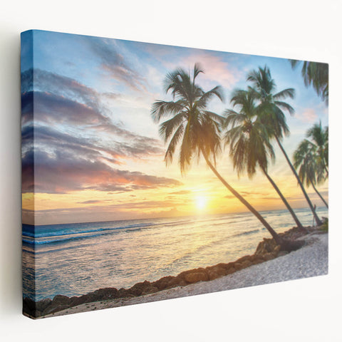 Caribbean beach scene in vibrant blues and greens on a stretched canvas, ideal for kitchen wall art.