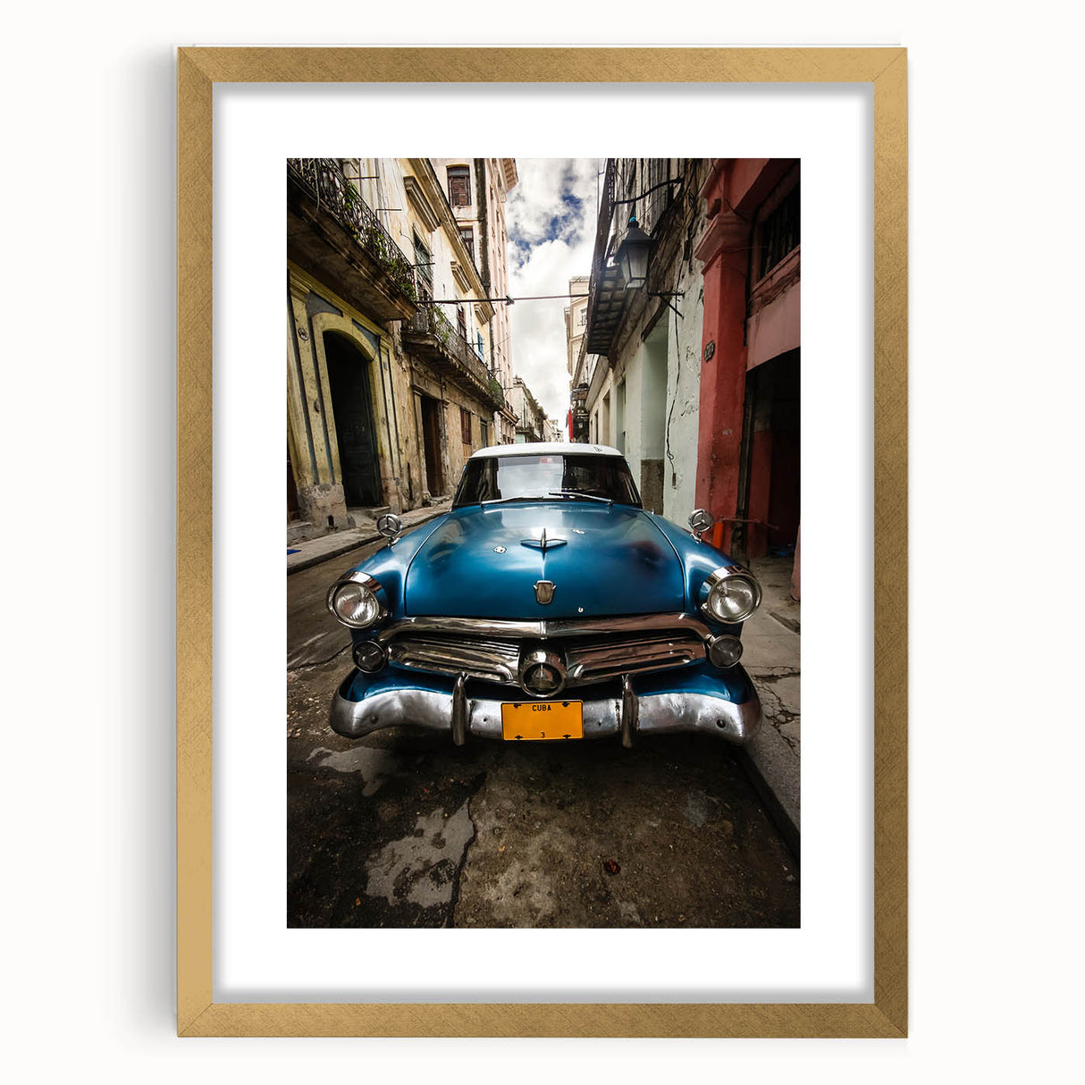 Abstract art print of Caribbean scenery in muted blue and green tones on a framed canvas, suitable for dining room decor.