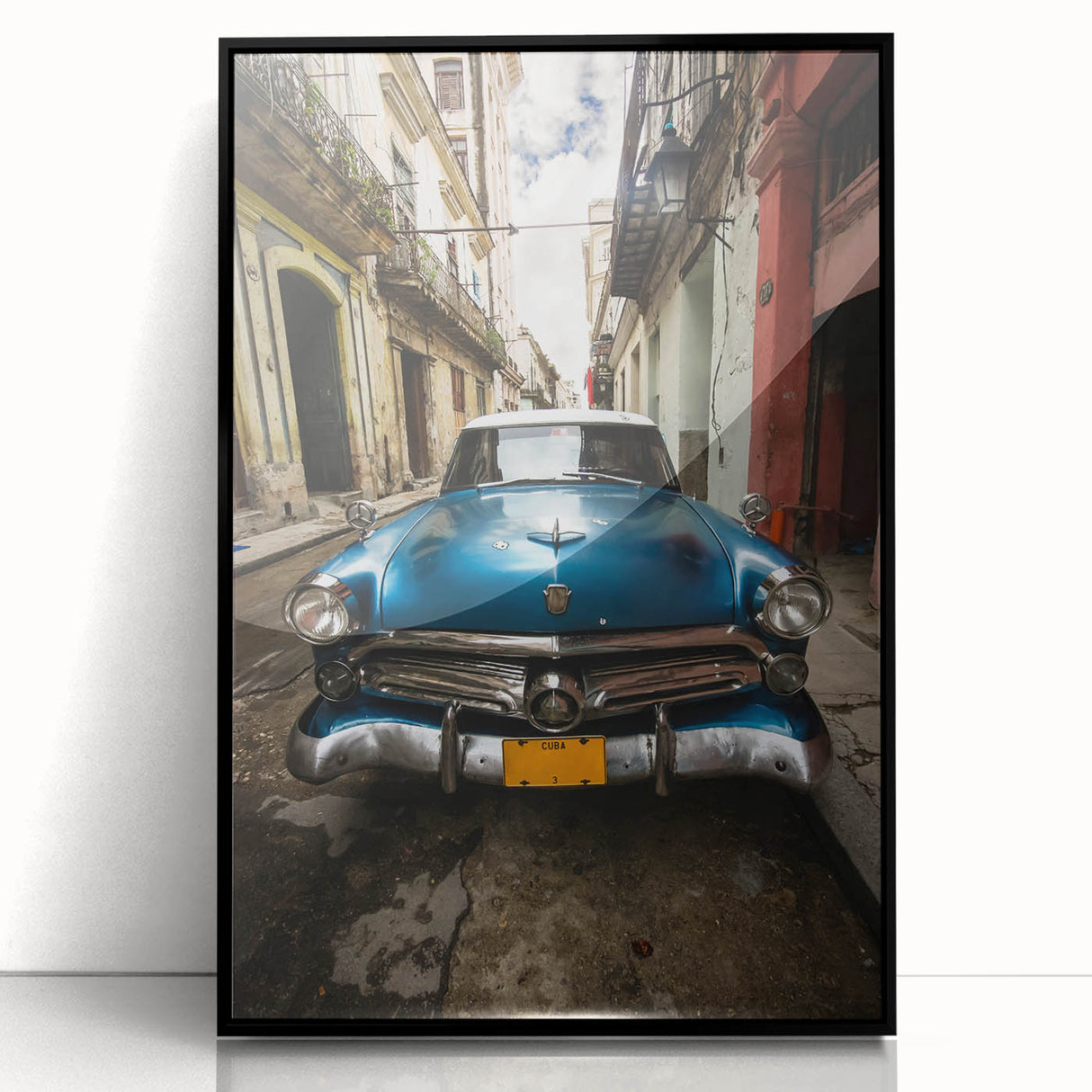 Large abstract wall art depicting a vibrant Caribbean scenery in mid-century modernist style, framed in black acrylic.