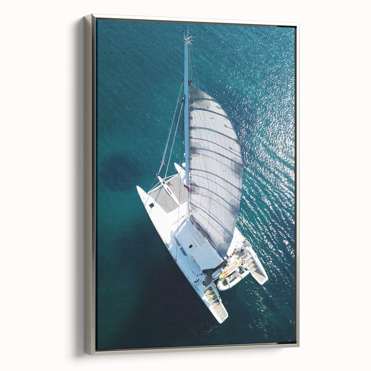 Framed canvas featuring a vintage-style Jamaican landscape with lush greens and vibrant blues, ideal for bedroom wall art.