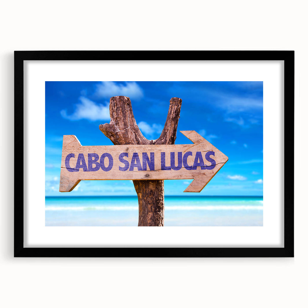 Colorful abstract art print of Cabo San Lucas scenery on a large textured canvas, framed in black.
