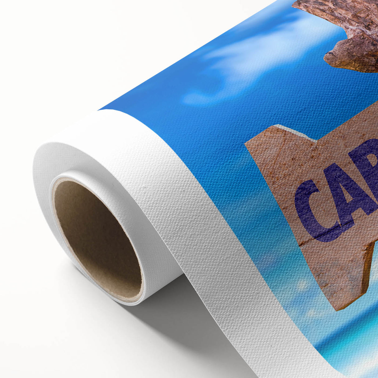 Art deco poster of Cabo San Lucas scenery on rolled canvas, in pastel shades, ideal for nursery wall art.