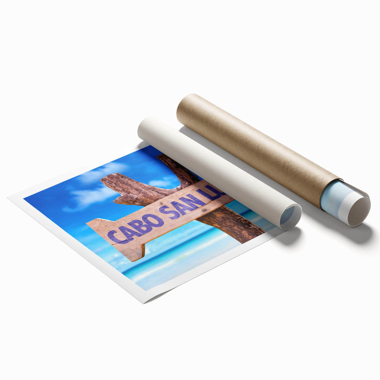 Extra large rolled print of Cabo San Lucas scenery with vibrant ocean and floral elements.