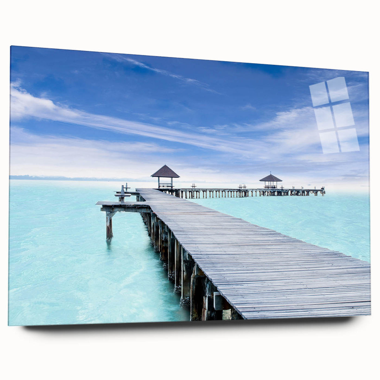 Large abstract wall art of Cancun scenery in vibrant blue and green hues on acrylic glass.
