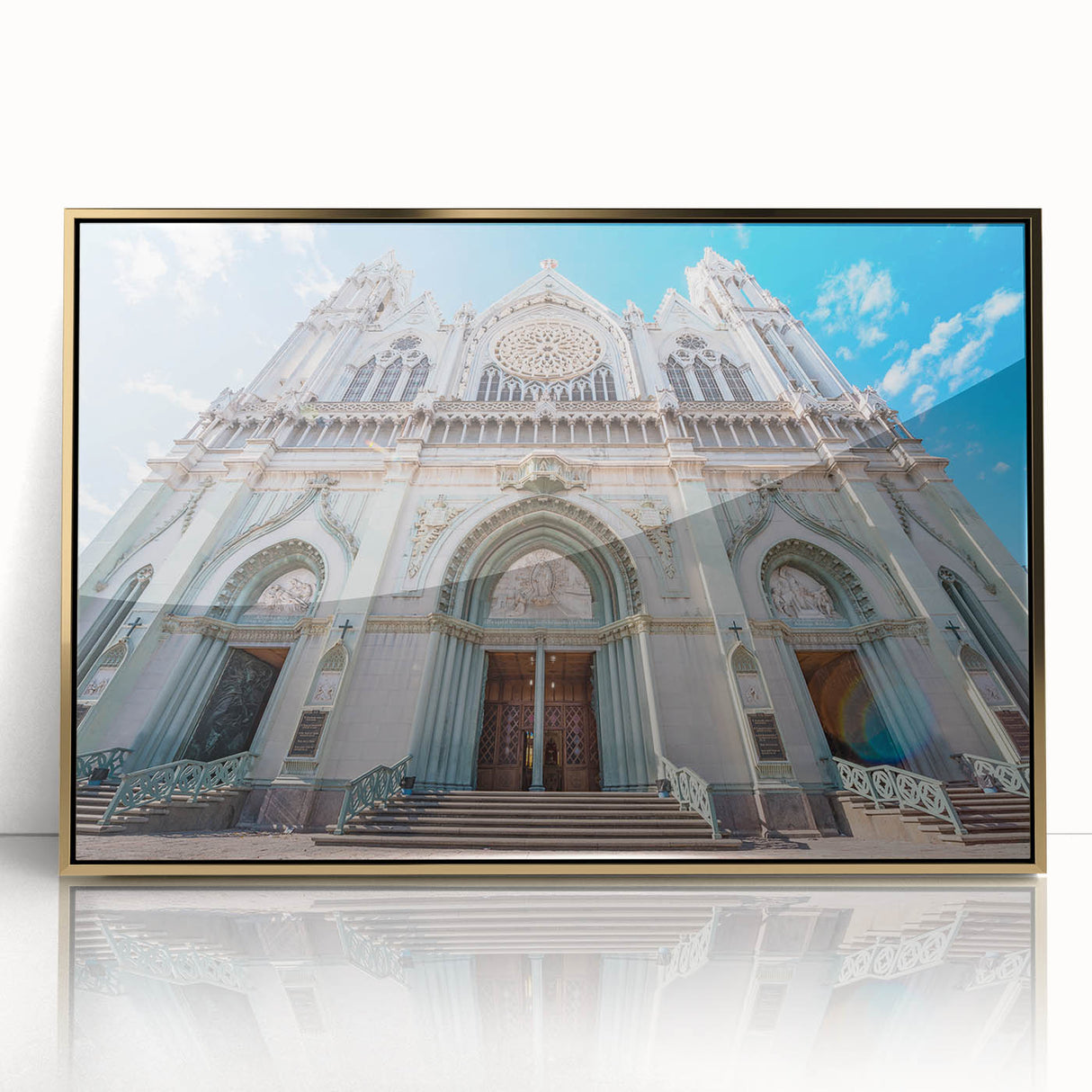 Mid-century modernist art depicting the colorful buildings of Guanajuato, Mexico, in a framed acrylic print.