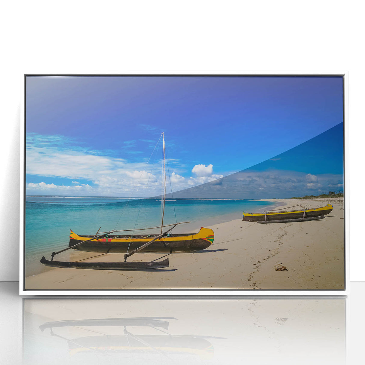 Large art print of a Madagascar scenery in mid-century modernist style, featuring vibrant earth tones on a framed acrylic.