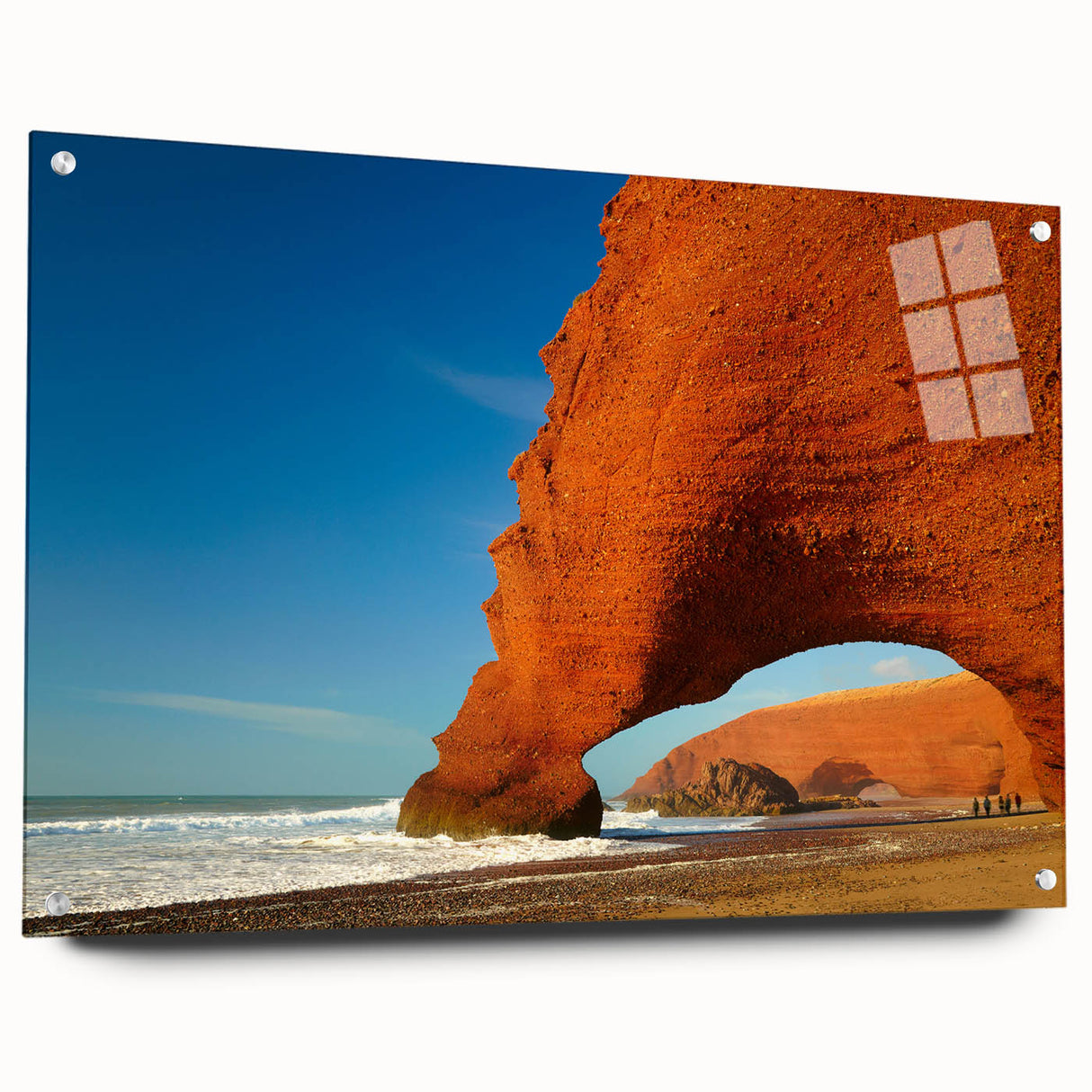 Acrylic print of a Moroccan landscape with earthy tones and abstract elements, suitable for bedroom or dining room decor.