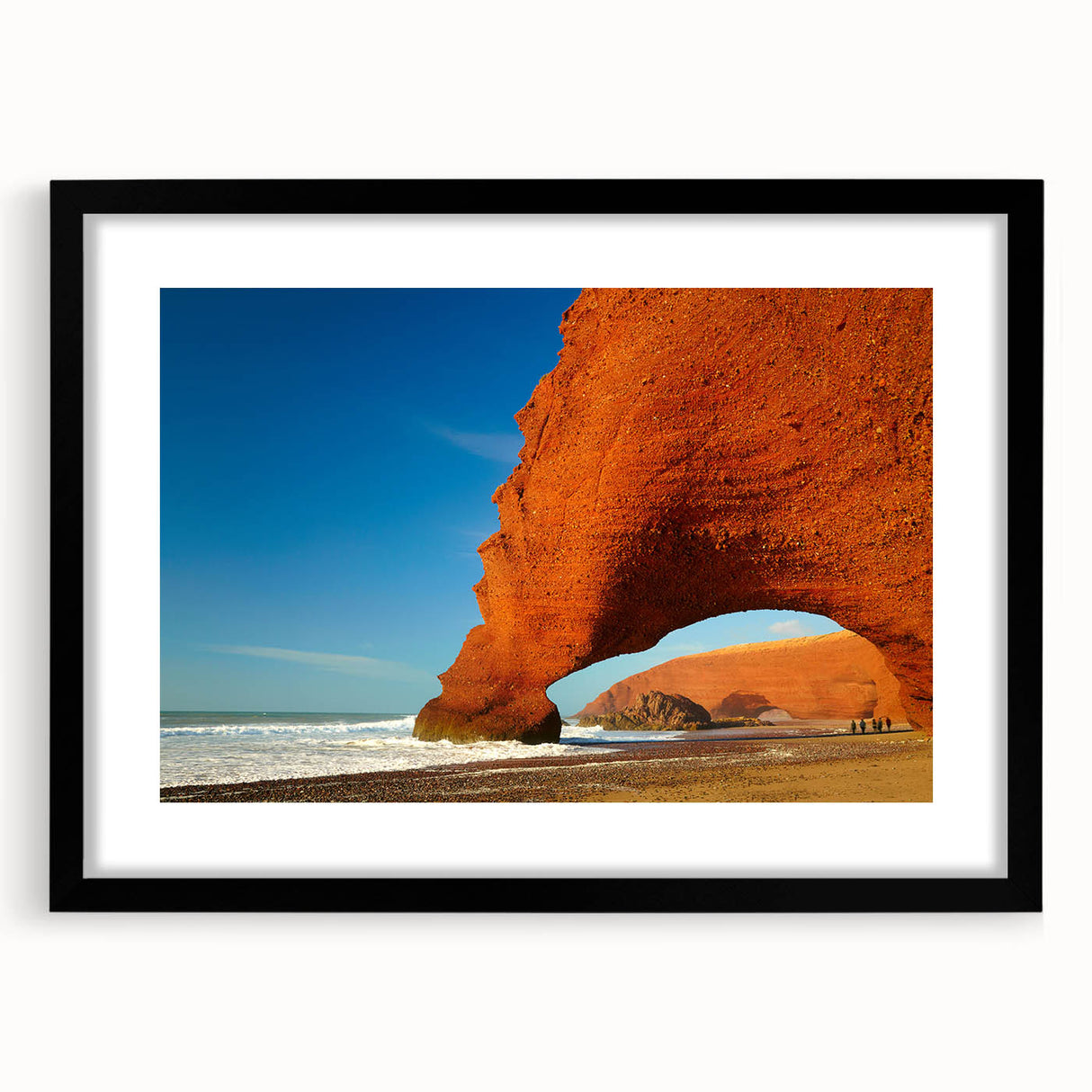 Extra large abstract art print depicting a colorful Moroccan landscape on textured canvas, framed in black.