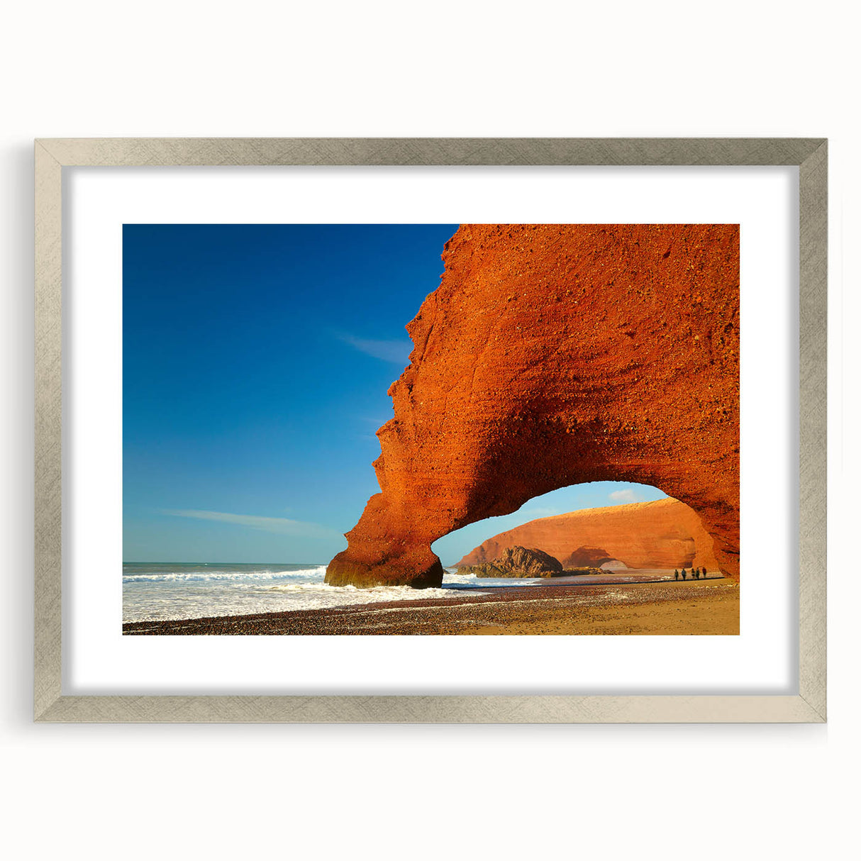 Abstract art print of a Moroccan landscape in silver frame, featuring earth tones, ideal for dining room decor.
