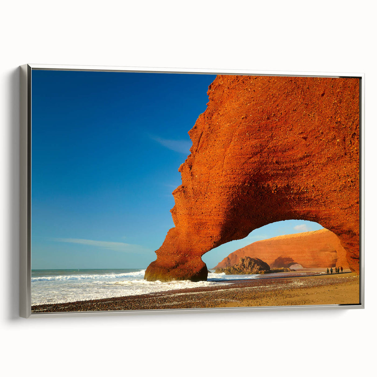 Vintage poster art depicting a colorful Moroccan landscape on a large framed canvas, ideal for living room decor.