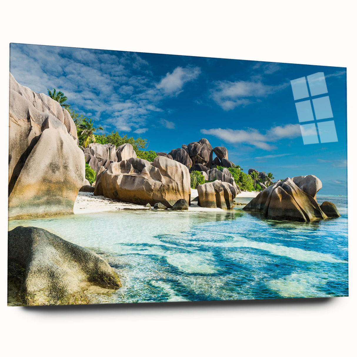 Acrylic glass print of a serene Seychelles landscape in soft blue and green shades.