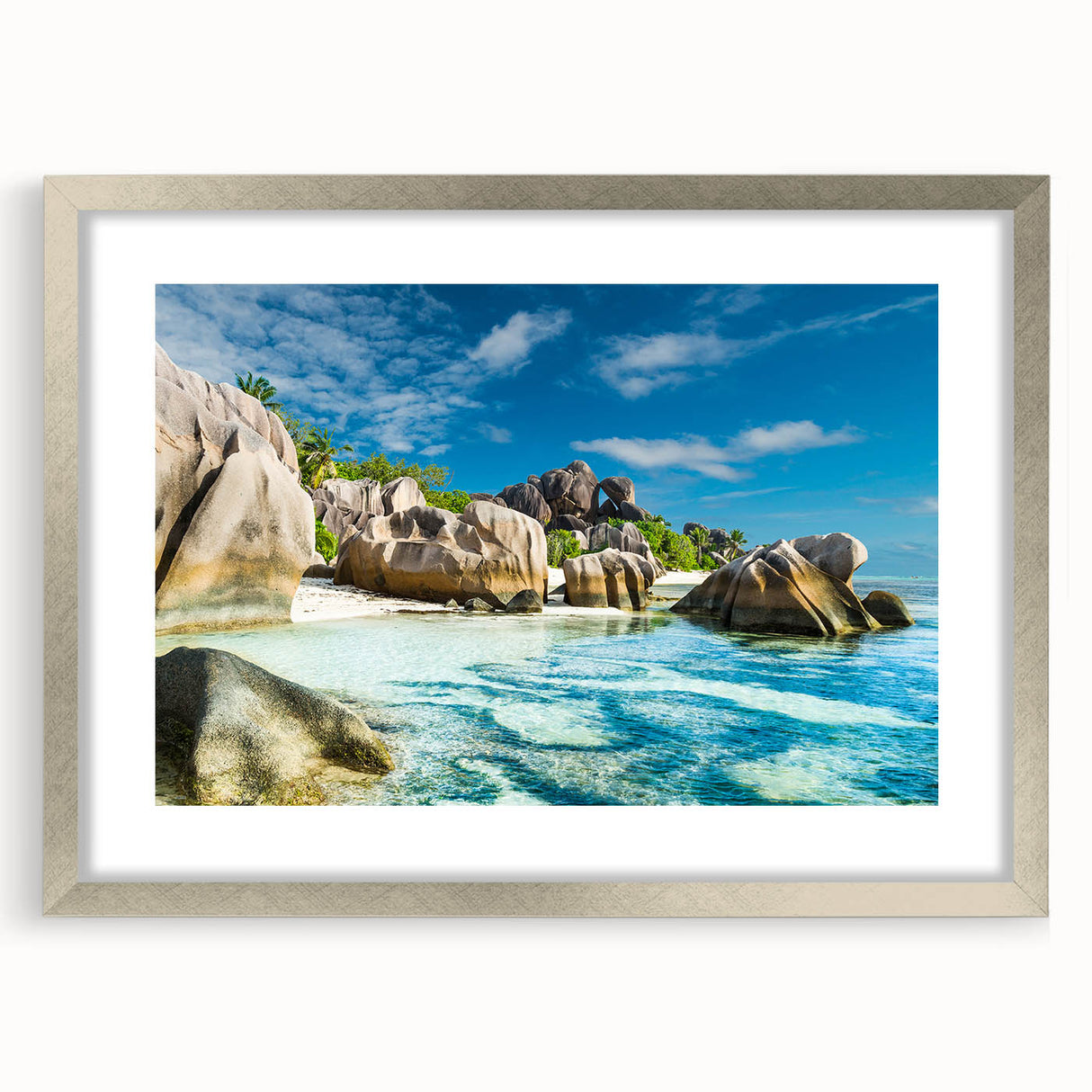 Extra large wall art featuring an abstract depiction of Seychelles in textured silver frame, ideal for living room decor.