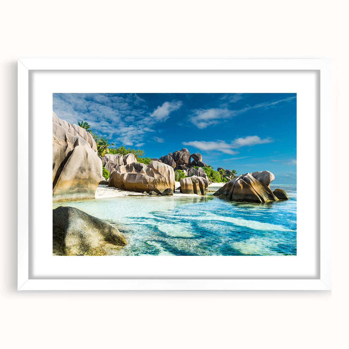 Textured abstract art print of Seychelles scenery in muted earth tones on a framed white mat, ideal for bedroom decor.