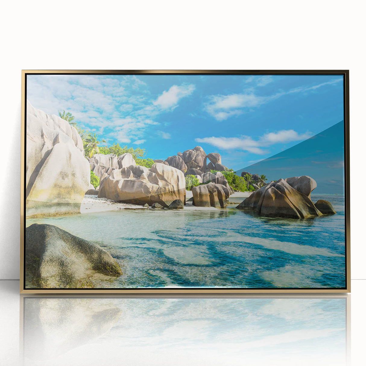 Mid-century modernist art depicting the Seychelles landscape in acrylic, framed in gold, ideal for nursery wall art.