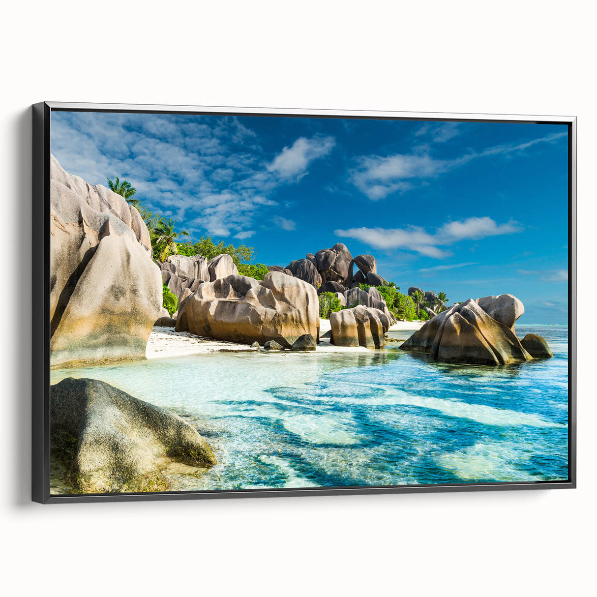 Black and white framed canvas of a Seychelles landscape, ideal for bedroom wall art.