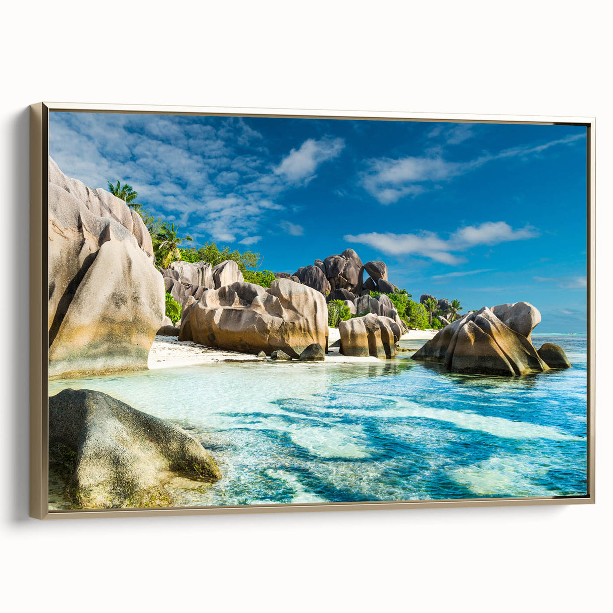 Framed canvas depicting a serene Seychelles landscape with lush greenery and ocean views, ideal for bedroom wall art.