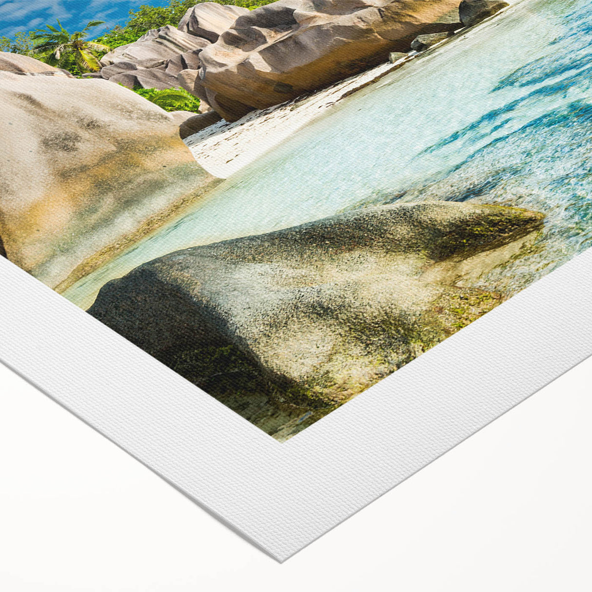 Art deco poster of Seychelles scenery in muted blues and greens on rolled canvas, ideal for dining room wall art.