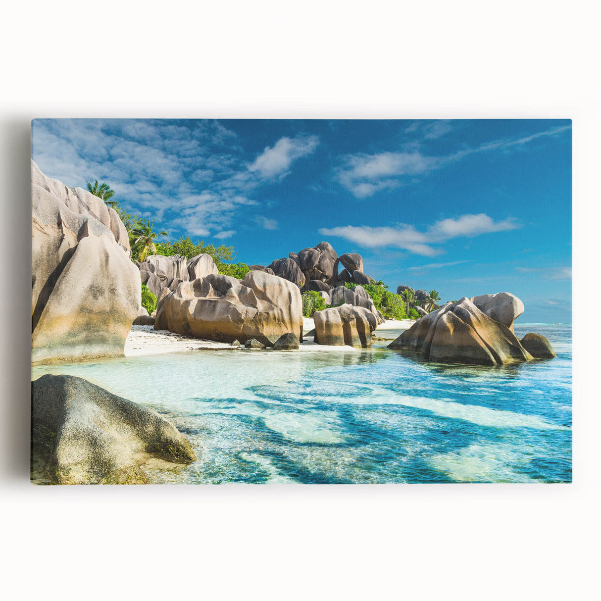 Black and white photograph of Seychelles scenery on large stretched canvas, ideal for kitchen wall art.