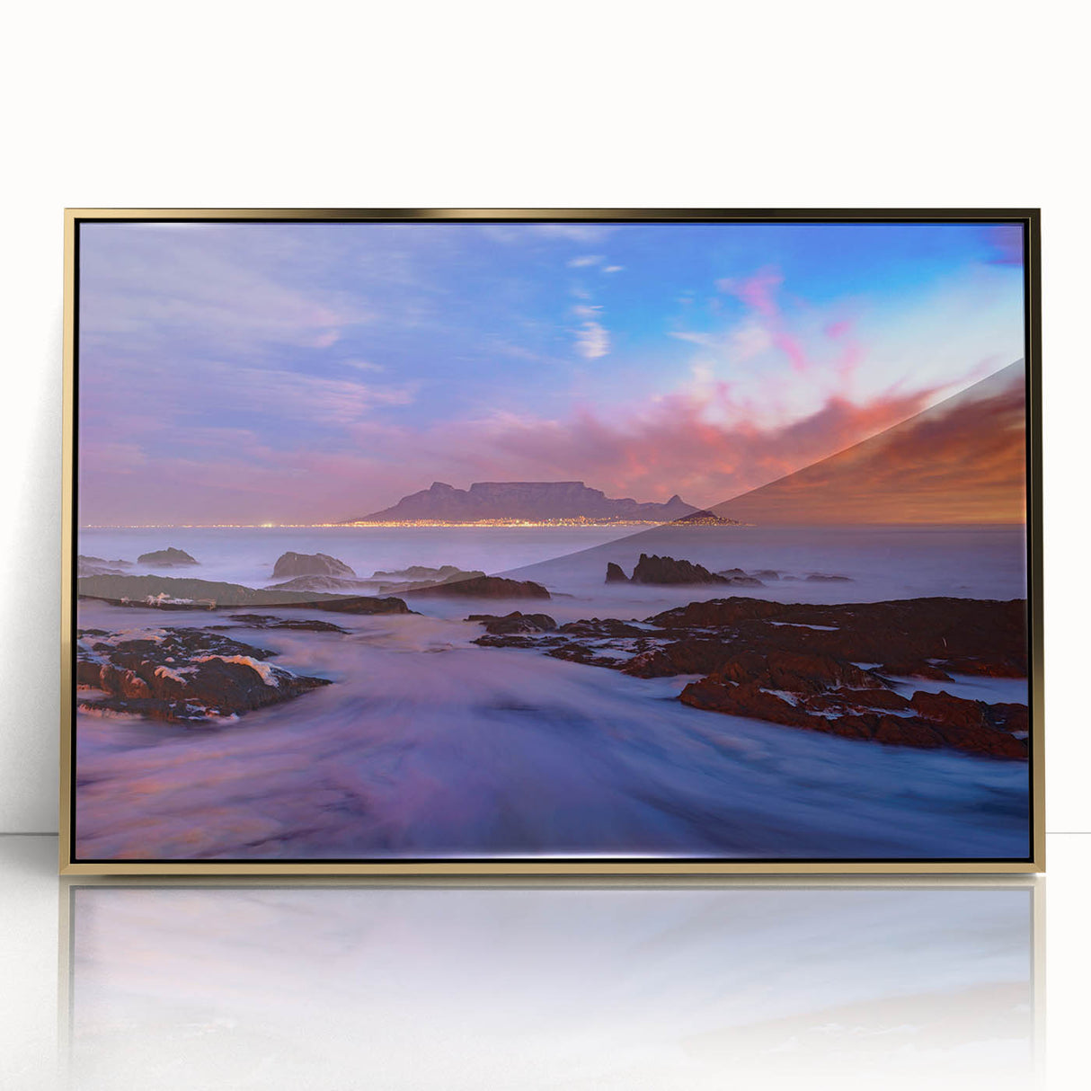 Large art print of a South African scenery in mid-century modernist style, framed in gold acrylic.